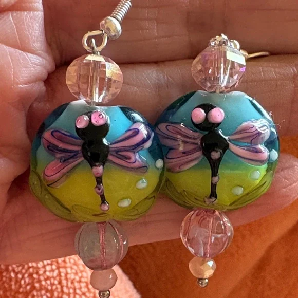 Hand Crafted Dragonfly Earrings with Pink and Yellow - Picture 2 of 2